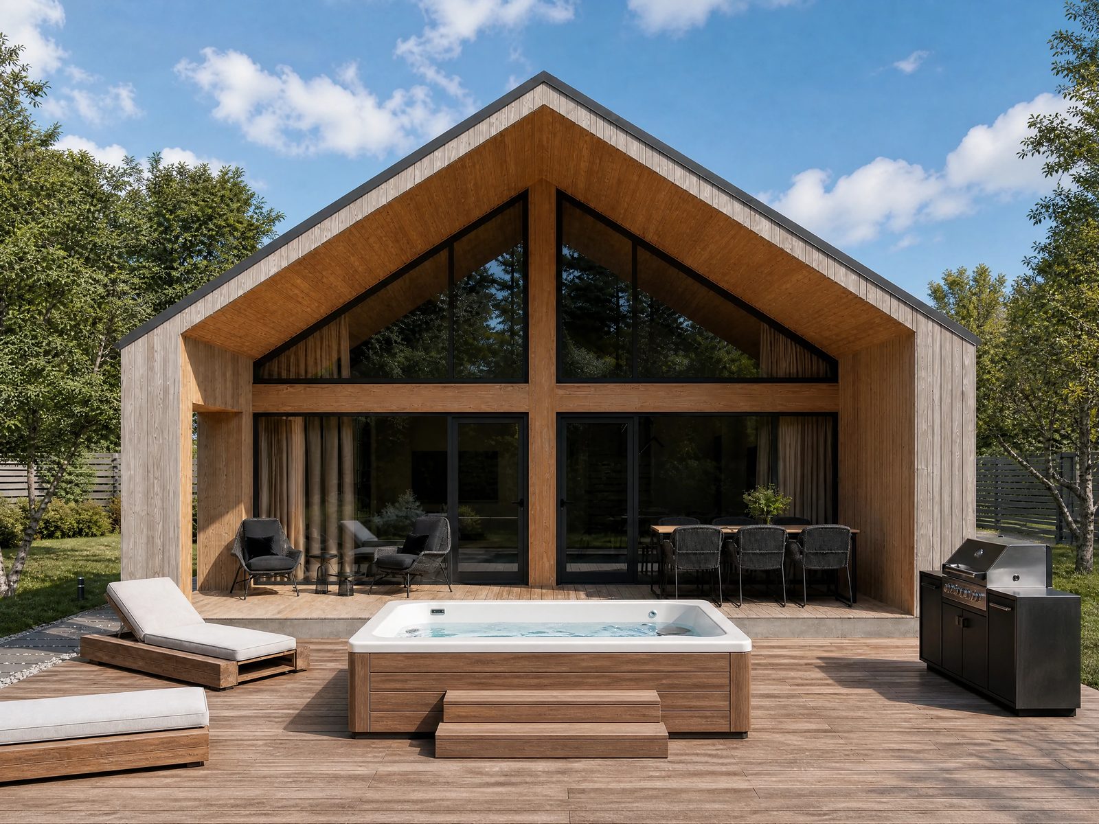Ein Skyforest-Chalet im Tageslicht mit Sonnenterrasse, Liegen und Whirlpool im Wald